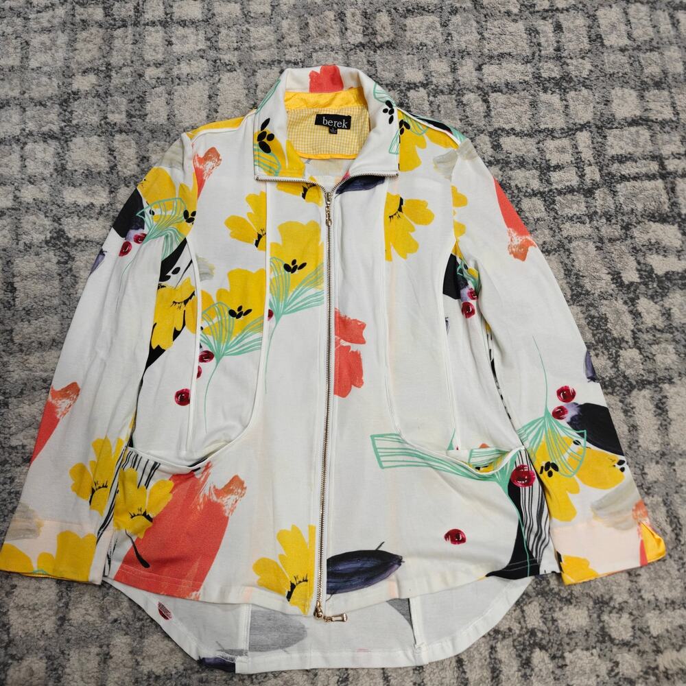 Berek Womens Large Floral Jacket Full Zip Stretch Cotton Fabric Made in Italy